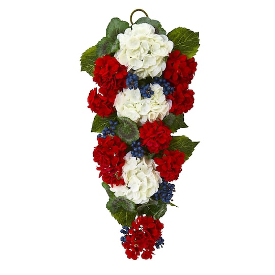 26&#x27;&#x27; White &#x26; Red Geranium with Blueberry Teardrop Swag